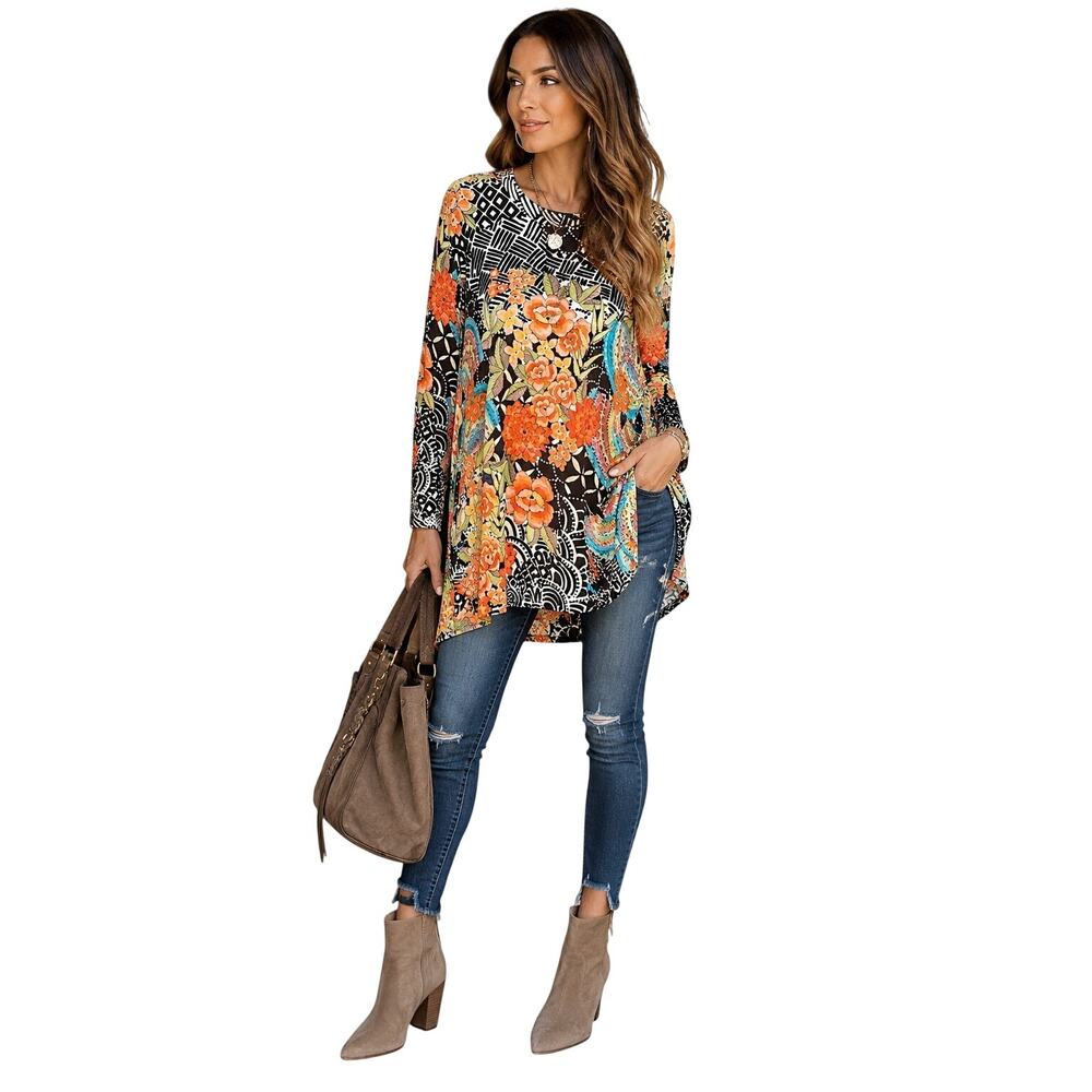 Johnny Was Los Angeles Boho Floral Mixed Print Tunic Top Medium NWT